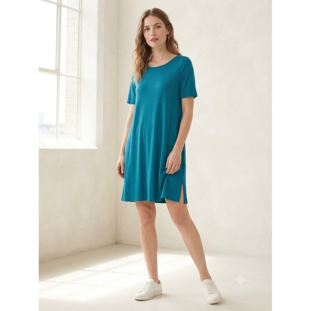 EILEEN FISHER‎ Tencel Dress Knee Length Teal Blue Short Sleeve Sz L Minimalist